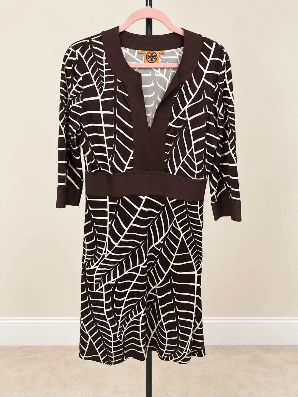Tory Burch Brown Ivory Banana Leaf Print 100% Silk Dress Size M